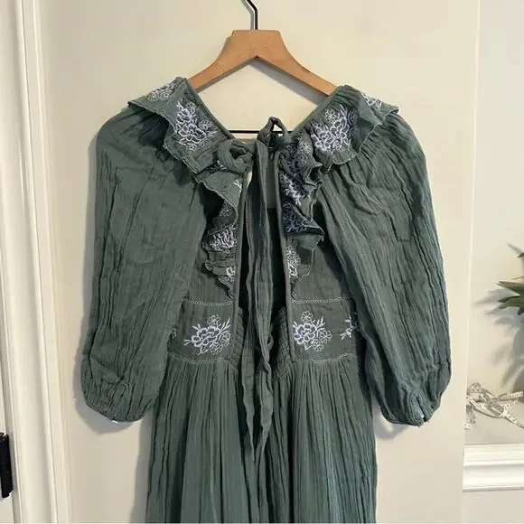 Free People Green Blue Cotton Gauze Floral Embroidered Maxi Dress Small - Picture 8 of 13